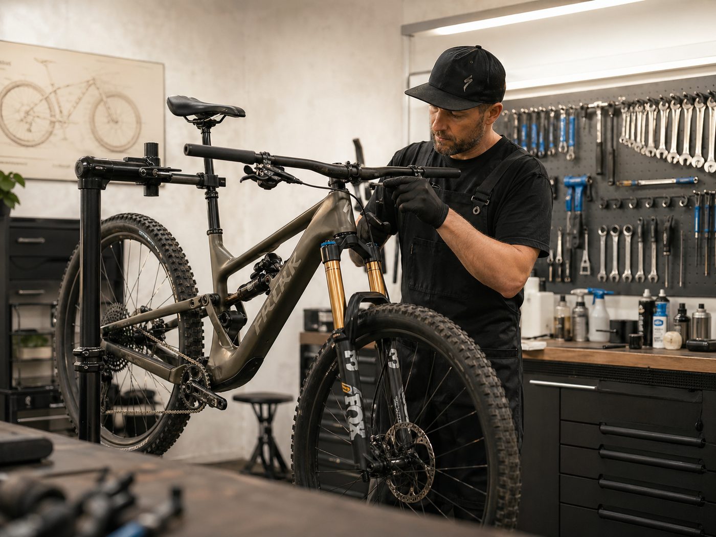 Mechanik kontroluje horský bicykel v servise